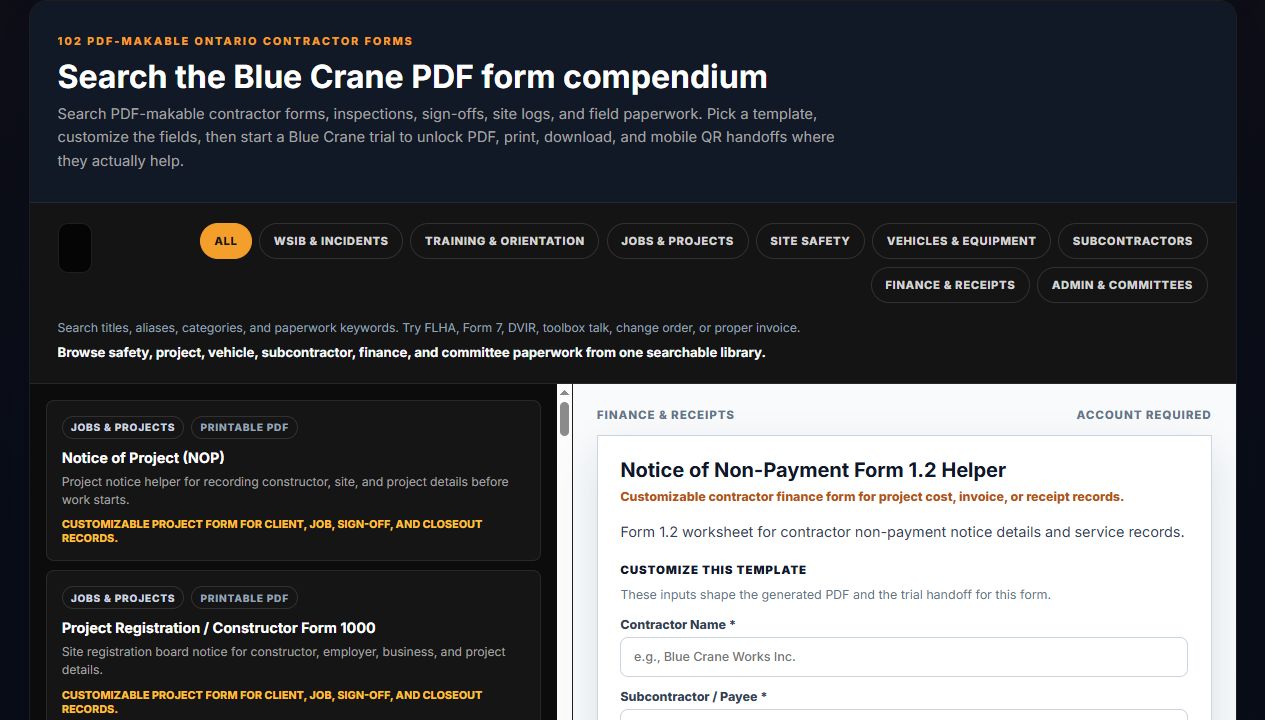 Blue Crane tools page showing the Form 1.2 notice of non-payment preview and field inputs.