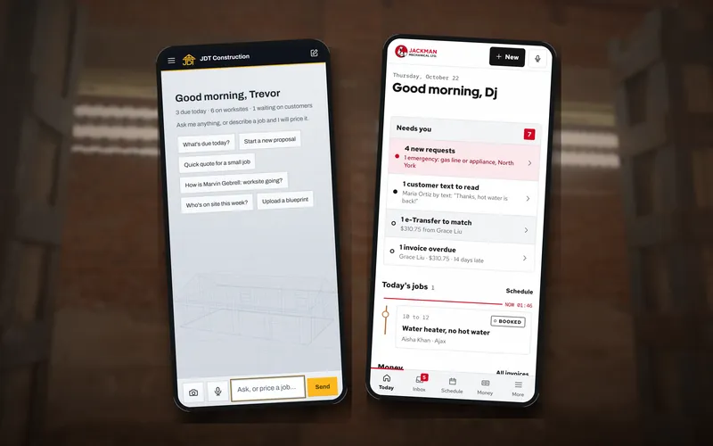 Two phones on a job site: the JDT Construction app and the Jackman Mechanical app, each with its own company's name and logo.