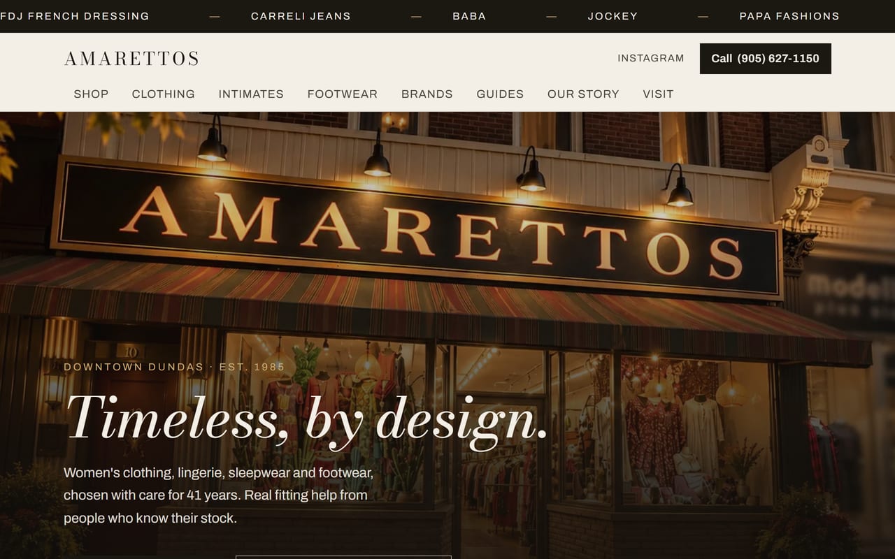 The Amarettos homepage: the Dundas storefront at dusk under the headline Timeless, by design