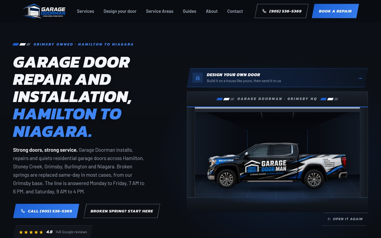 Garage Doorman residential homepage: dark hero reading garage door repair and installation, Hamilton to Niagara, beside a branded service truck, with a 4.8 star Google review badge from 148 reviews