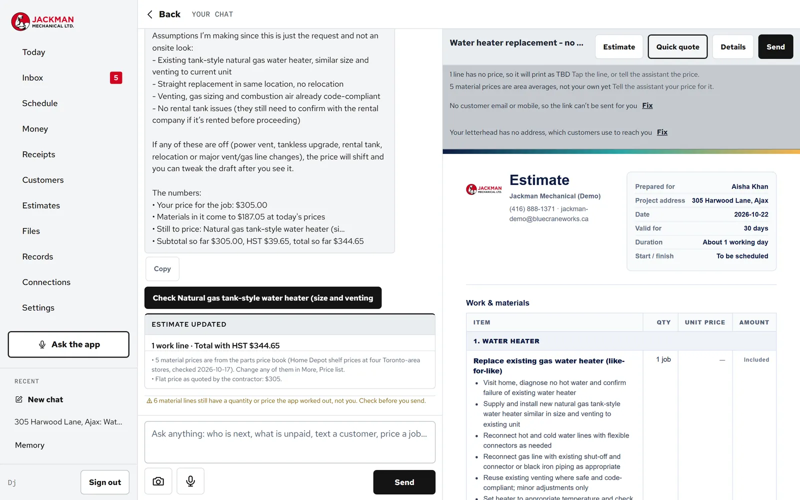The Jackman Mechanical app writing an estimate: the chat on the left, the finished estimate on the right