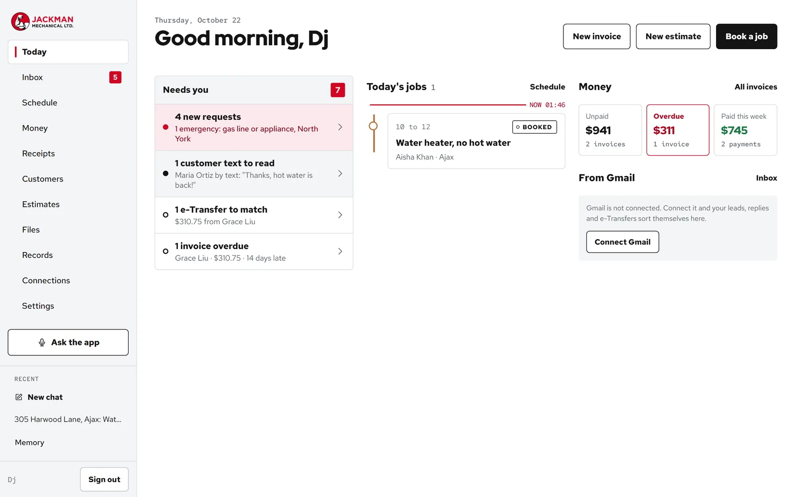 The Jackman app Today screen on a computer: what needs attention, today's booked job and the money owed