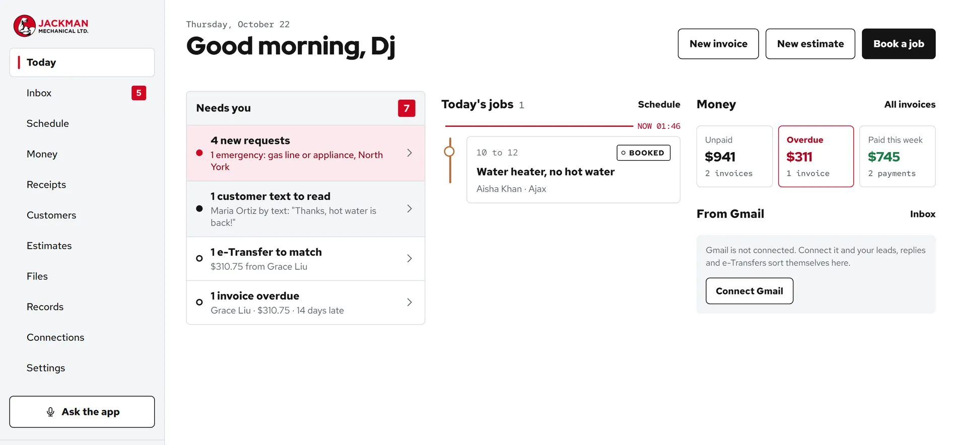 Jackman Mechanical's own app, built by Blue Crane Works: the morning screen with new requests, today's booked job and money owed