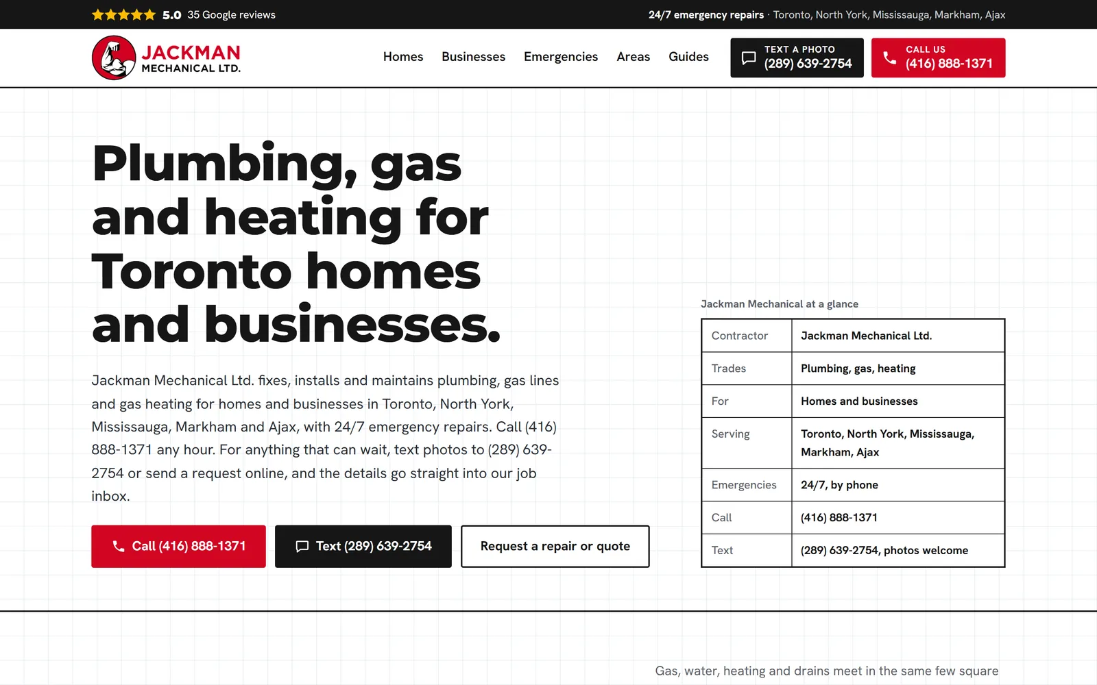 The Jackman Mechanical homepage: the headline Plumbing, gas and heating for Toronto homes and businesses, with Call, Text and Request buttons and an at-a-glance facts table