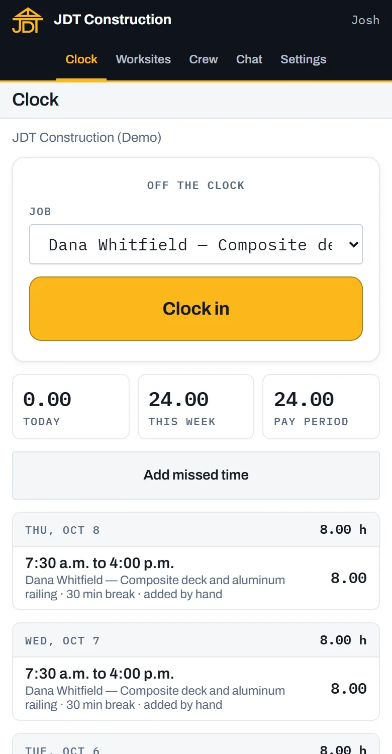 The crew time clock in the JDT Construction app: clock in against a job, hours today, this week and this pay period.
