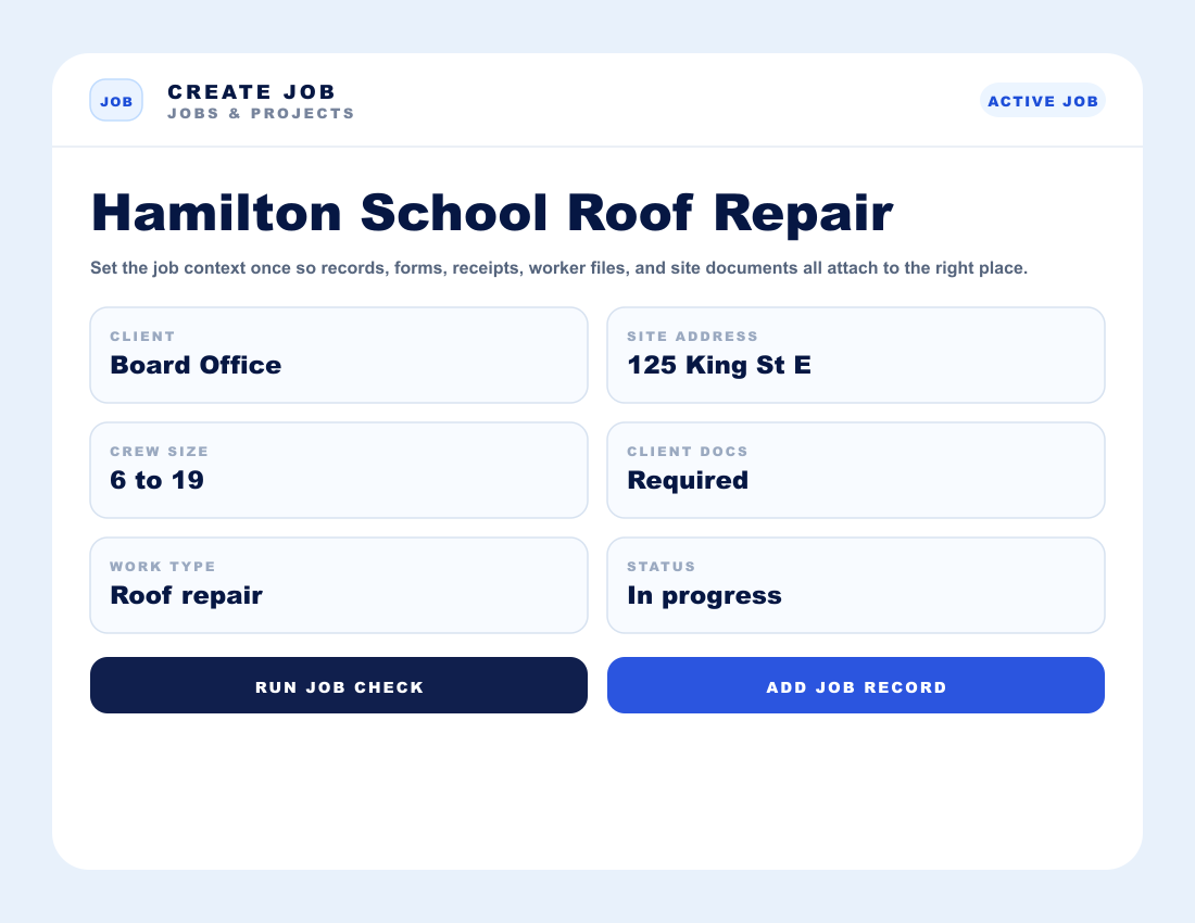 Blue Crane Workflow create job screen showing client, address, crew size, work type, and job status