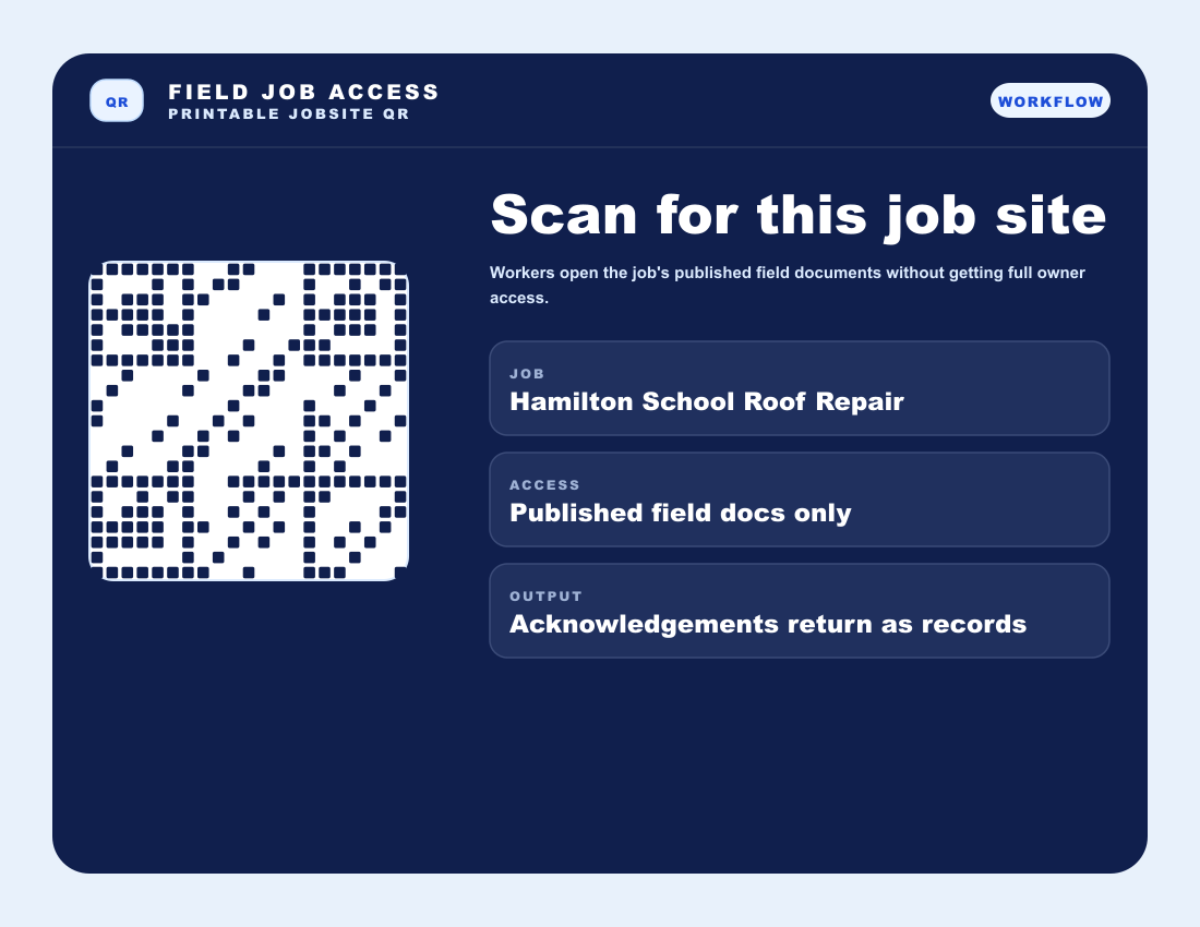 Blue Crane Field Job Access screen showing a printable jobsite QR for published field documents